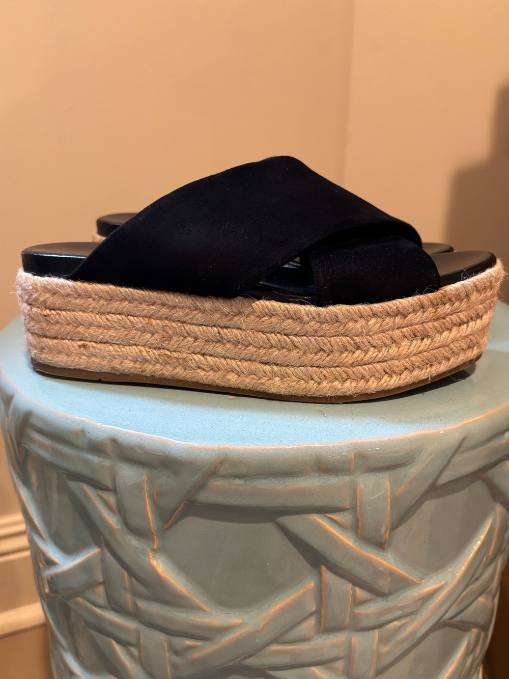 Miu Miu Black Suede Crisscross Espadrille Platform Slides